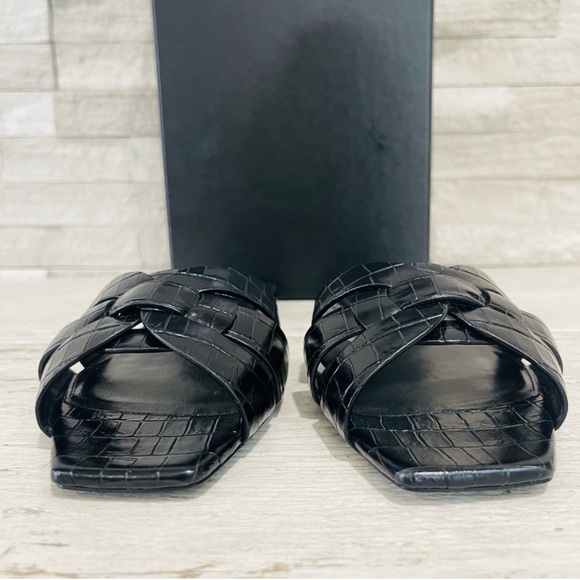 Saint Laurent Size 37 YSL Leather TRIBUTE Black Croc Embossed Flat Slide Sandals - Picture 4 of 13